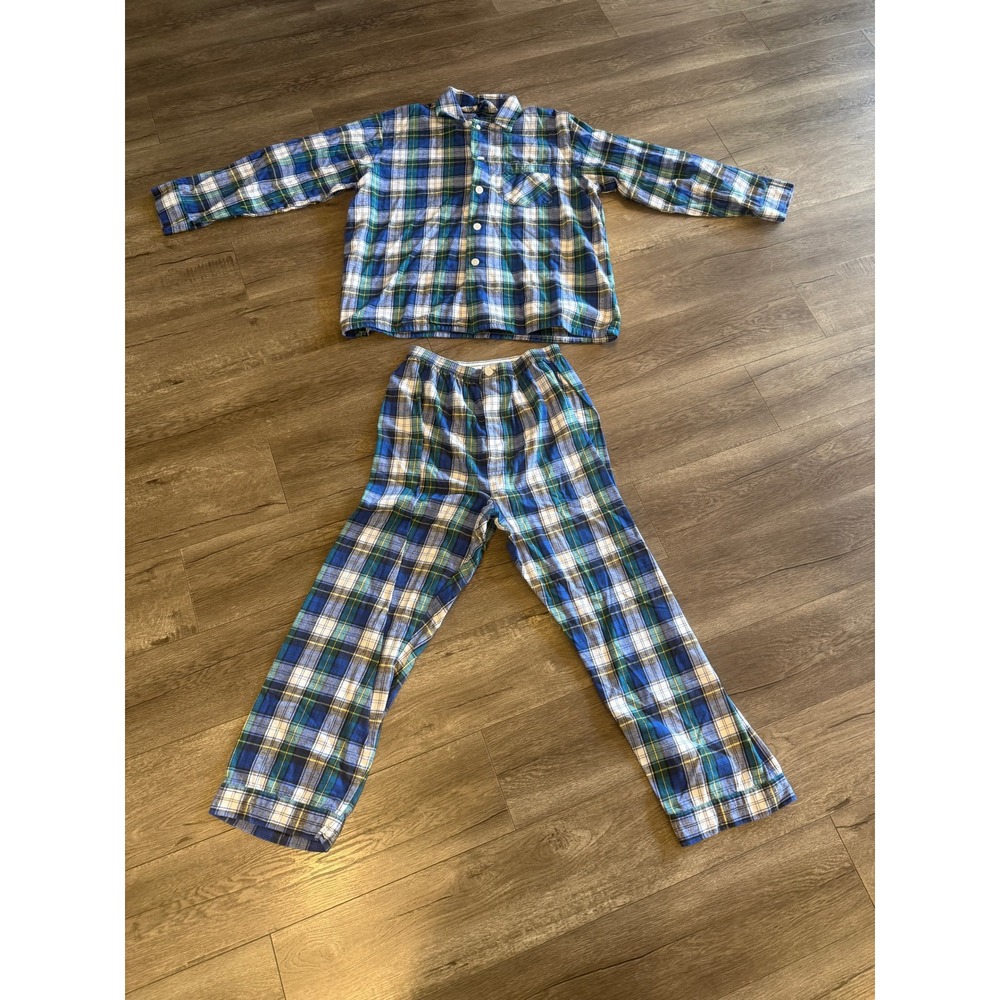 Diplomat‎ Mens Blue Green Plaid Flannel Pajama Set 100% Cotton Large 2 Piece